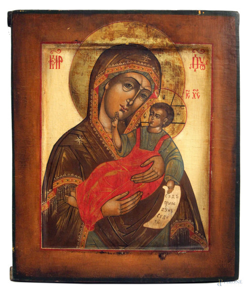 Madonna con bambino, icona a tempera su tavola cm 32,5x27,5, Russia XIX sec.