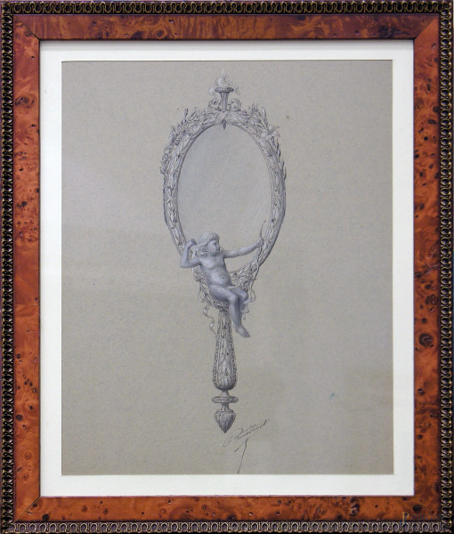 Maestro del XIX secolo, Studio per specchio da toletta, inchiostro e tempera su cartoncino, cm 30x39, firmato in basso al centro, con cornice, provenienza collezione romana.