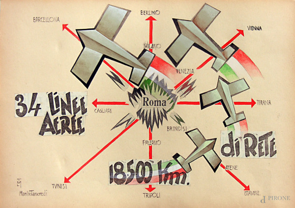 Manlio Tancredi - Aeropittura Conquiste dell’Ala italiana, tecnica mista su carta, cm 24x34, firmato, reca carteggio esplicativo dell’opera redatto dall’Artista