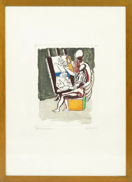 Giorgio De Chirico - Senza titolo, litografia, firmato in basso a destra G. de Chirico, 1/1 prova colore, cm 69x49, entro cornice