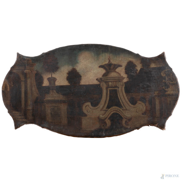 Architettura con fontana nel parco, XVIII-XIX secolo, olio su tela sagomata, cm 55x103, (segni di usura, difetti, abrasioni, piccole cadute di colore)