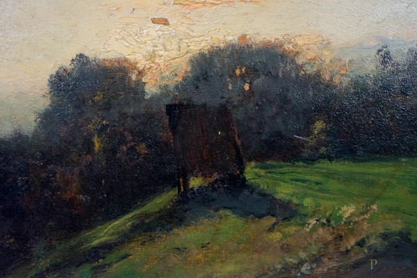 Viale con carro, olio su tavola, cm 31,4x45, firmato e datato, entro cornici.