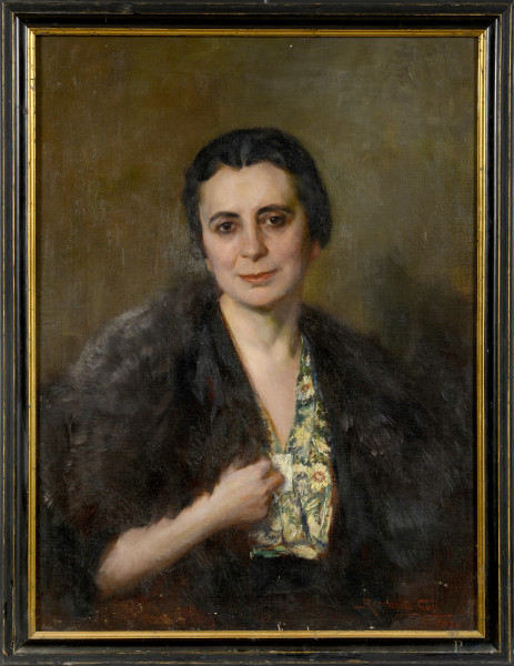 Riccardo Galli (1869 – 1944), Ritratto di signora, olio su tela, cm 80x60, firmato e datato "1936" in basso a destra, entro cornice, (lievi segni di usura e abrasione, difetti)