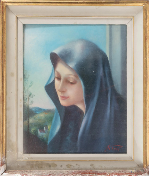 Madonna con Bambino, XX secolo, tecnica mista su tela, cm 50x40, firmato in basso a sinistra, entro cornice, (segni di usura, difetti)