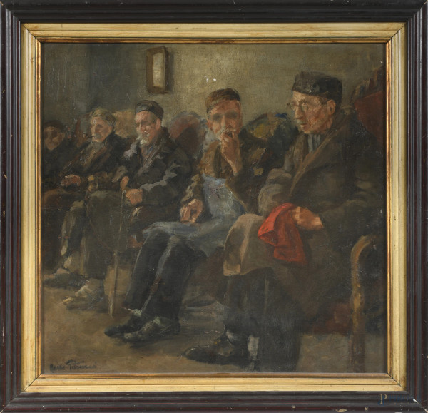 Carlo Alberto Petrucci (1881-1963), I veterani, olio su tavola, cm 52,5x54,5, firmato in basso a sinistra, entro cornice, (segni di usura, abrasioni, cadute di colore)