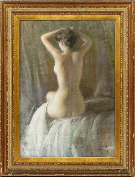 Manlio Ciani - Nudo di donna di spalle, pastello su cartoncino, cm 61x42,5, firmato in basso a destra, entro cornice