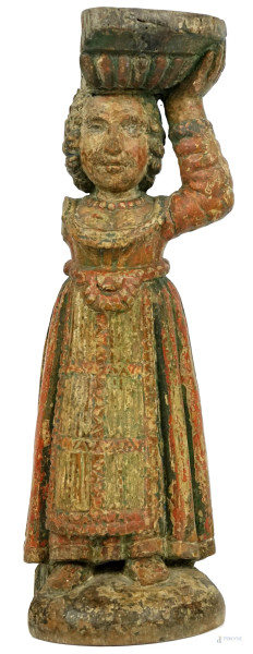 Popolana, antica scultura policroma  in legno intagliato, cm h 44, manifattura nord europea, (difetti)