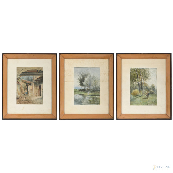Lotto di tre opere a tecnica mista su carta raffiguranti scene campestri, XIX secolo, misure massime cm 35x27,5 compreso passepartout, uno siglato in basso a destra, entro cornice, (ondulazioni della carta, tracce di umidità, foxing)