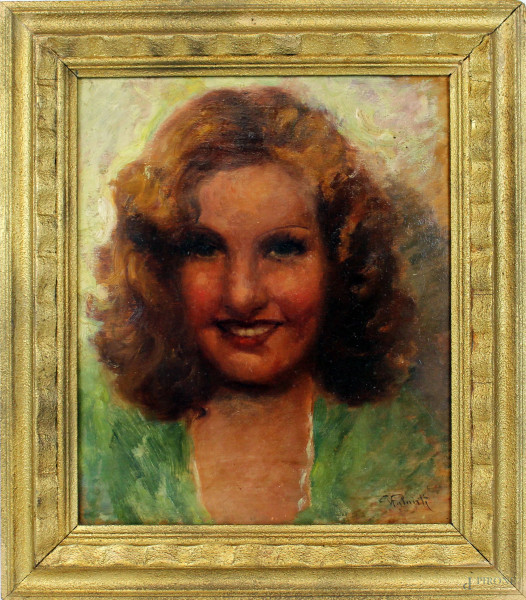 Ritratto di donna, olio su tavola, cm 41x35, firmato, entro cornice.