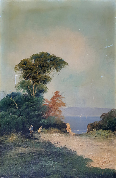 Artista dell’Ottocento, paesaggio lacustre con alberi e pescatore, olio su tela, cm 56x36, firmato in basso a sinistra