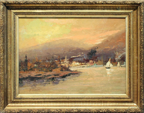 Paesaggio lagunare, dipinto ad olio su tela riportato su cartone, firmato, cm 40 x 54, entro cornice.