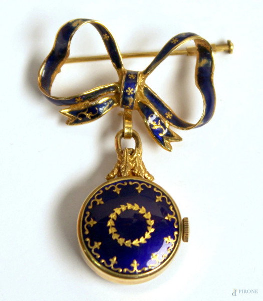 Orologio a spilla in oro 18 kt, con smalti, gr. 11,6.