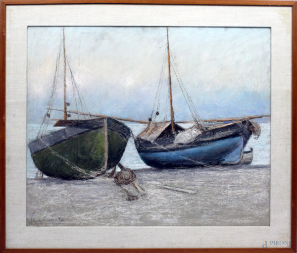 Antonio  Cannata - Barche, pastello su tavola, cm 50x60, entro cornice