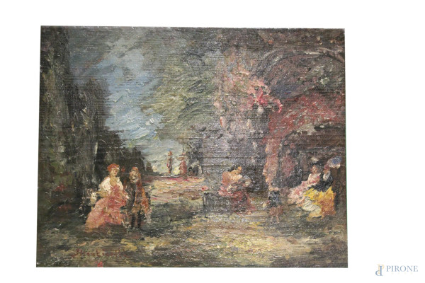 Scorcio di strada con figure, olio su tavola, 28x36 cm, recante firma Monticelli.