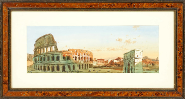 Veduta del Colosseo e dell' Arco di Costantino, acquarello su carta, cm 25x42, XX secolo, siglato, entro cornice.