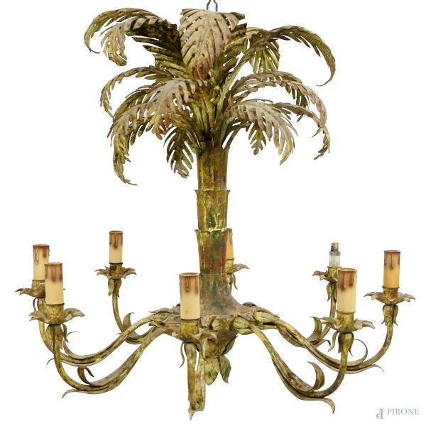Lampadario a forma di palma in metallo laccato, a sei luci, cm 60, XX secolo, (difetti)