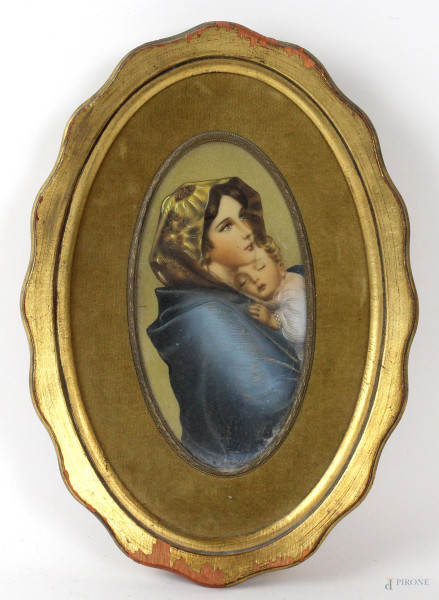 Miniatura raffigurante Madonna col Bambino, da un'originale di Roberto Ferruzzi (1853-1934), cm 18x9,5, XX secolo, entro cornice.