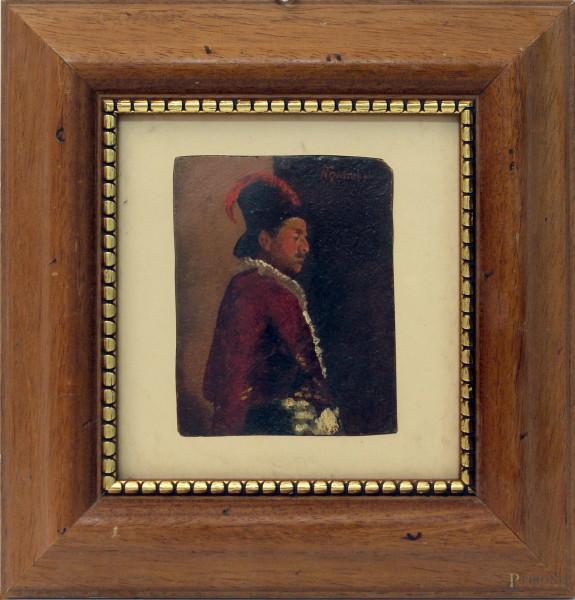 Ritratto d&#39;uomo, olio su cartoncino, cm 14x10, firmato, entro cornice.