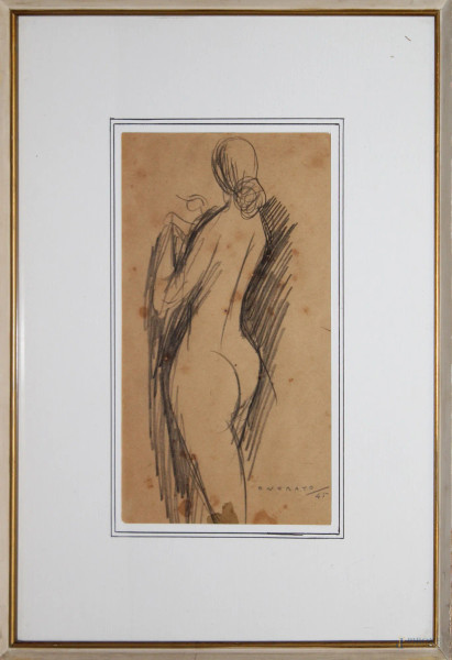 Umberto Onorato - Nudo di donna, bozzetto a matita su carta, datato 1945, cm 23 x 13.