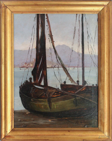 Marina con barche, dipinto ad olio su tavola, firmato Villani, cm 47 x 35, entro cornice.