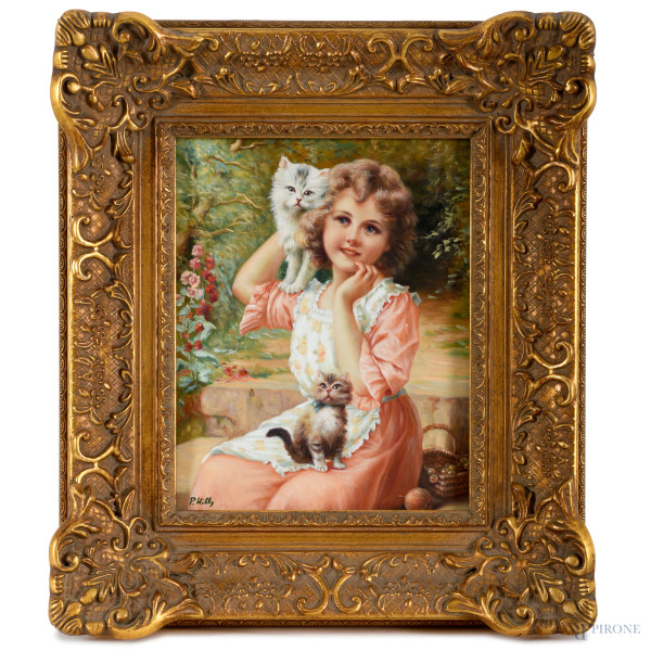 Bambina con gatti, olio su tavoletta, firmato in basso a sinistra, XX secolo, cm 24x19 entro cornice