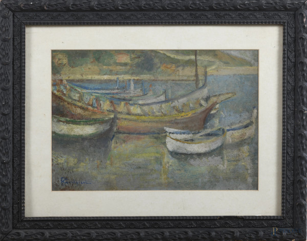 Barche ormeggiate, XX secolo, olio su tavoletta, cm 24x34, firmato in basso a sinistra, entro cornice