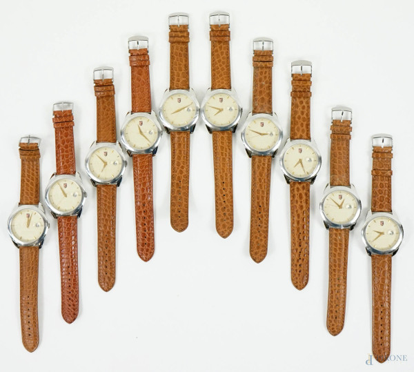 Palermo, dieci orologi da polso da uomo, cinturino marrone in cuoio, lunghezza cm 24,5, (segni del tempo, meccanismo da revisionare).
