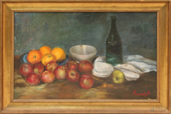 Natura morta con frutta, olio su tela, cm 45x70, entro cornice.