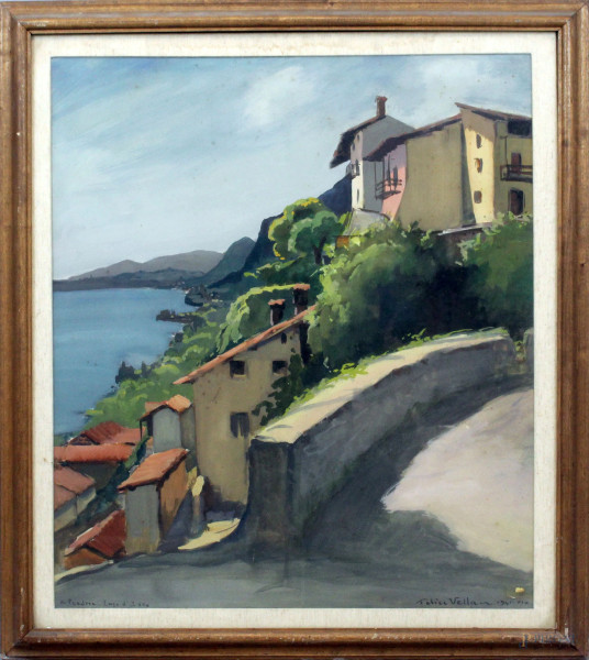 Felice  Vellan - Scorcio sul Lago d'Iseo, olio su cartoncino, cm 87x66, datato 1941, entro cornice.