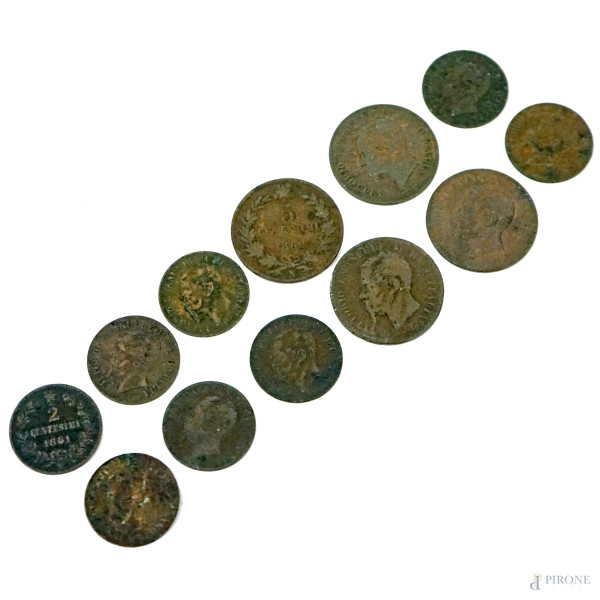 Lotto di dodici monete in bronzo da 2 e 5 centesimi Vittorio Emanuele II Re d'Italia, diam. max cm 2,5, (difetti).