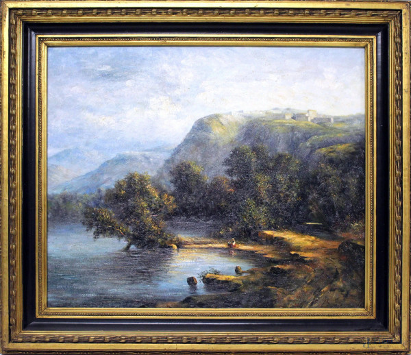 Paesaggio montano con lago e figura, olio su tela, cm. 50x60, entro cornice.