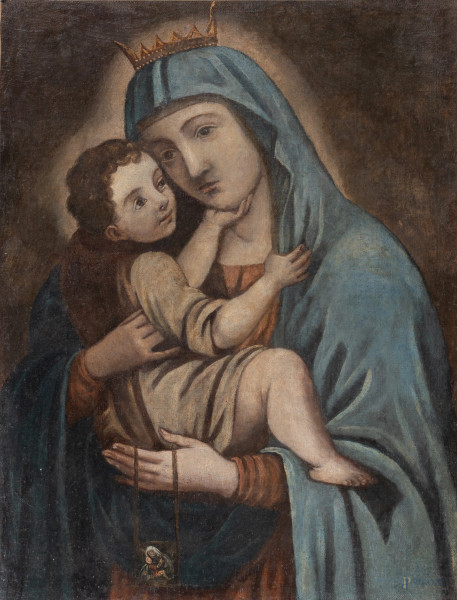 Madonna con Bambino, XX secolo, olio su tela, cm 65x49, (segni di usura, abrasioni)