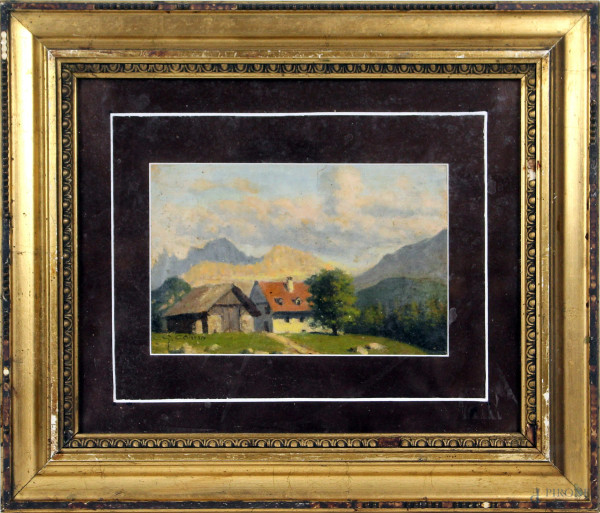 Paesaggio alpino con casali, olio su tela riportata su cartone, cm. 13x19,5 a firma G.Colmo.