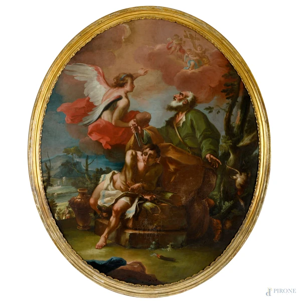 Sacrificio di Isacco, olio su tela ovale, XVIII secolo, cm 123x102, entro cornice