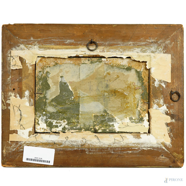 Nudo femminile di spalle entro un paesaggio, XX secolo, olio su cartone, cm 14,5x21, entro cornic...