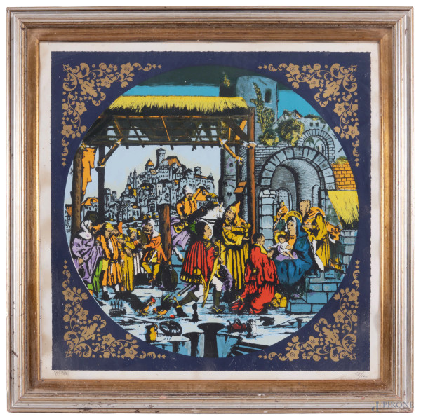 Gennaro Piccinni (1933-2022), Natività, litografia a colori, es. 28/100, cm 68x68,firmata in basso a sinistra, entro cornice (difetti)