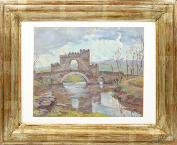 Ponte nomentano, olio su cartone, cm 31x28 circa, firmato A. Rossi, entro cornice, (lievi difetti).