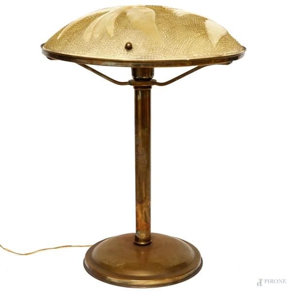 Lampada da tavolo Art Decò in ottone e vetro, altezza cm 48