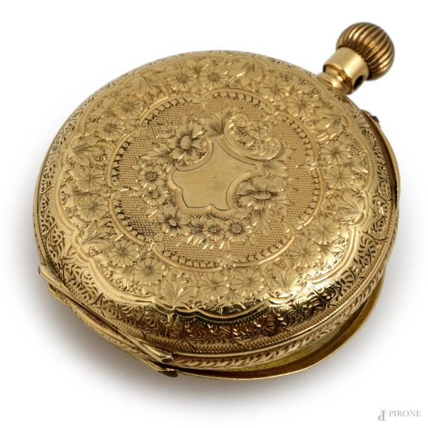 Orologio da tasca in oro 18 kt, cm 3,5, peso lordo gr 30 (da revisionare)