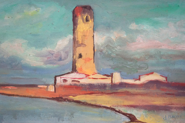 Il faro, olio su tavola, cm 14x28, firmato, entro cornice