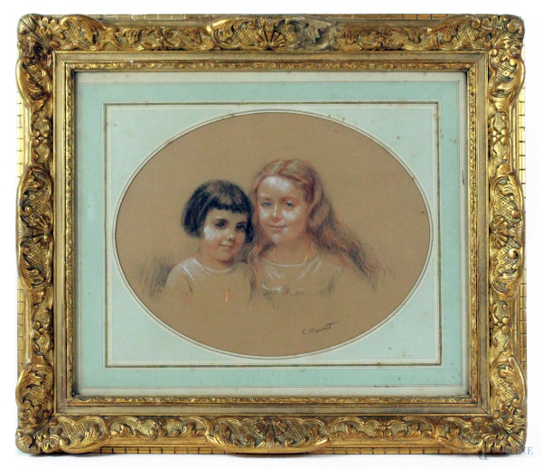 Cecile Monnot - Le petite soeur, tecnica mista su cartone, cm. 27x36, entro cornice.