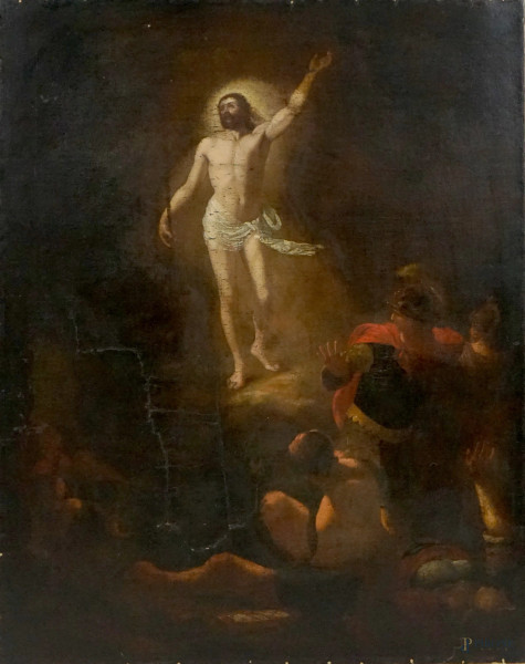 Scuola Veneto-lombarda, XVIII secolo, Cristo Risorto, olio su tela, cm 104,5x85, (difetti)