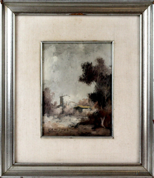 Leonardo De Magistris - Paesaggio, olio su cartone telato, cm 20x19, entro cornice