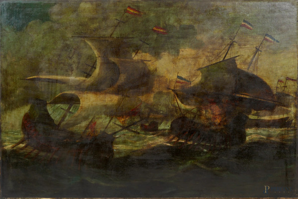 Pittore del XX secolo, Battaglia navale, olio su tela, cm 100x149.5