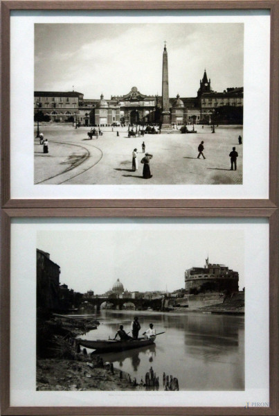 Coppia di fotografie a soggetto scorci romani ottocenteschi, 43x59 cm, entro cornici