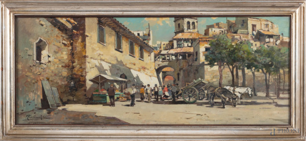 Strada di paese con figure, XX secolo, olio su tela, cm 40x100, firmato in basso a sinistra, entro cornice