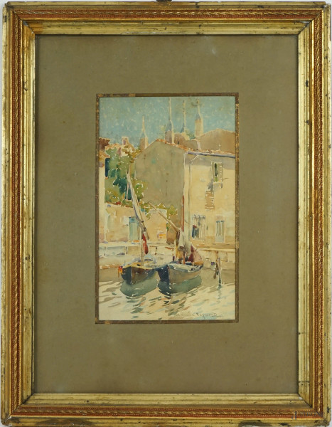 Raymond Casimir - Canale di Venezia con barche, acquarello su carta, cm 23x14, entro cornice