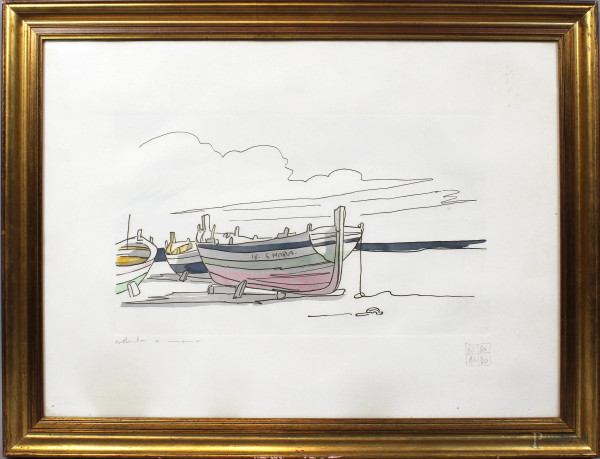 Aldo Riso - Barca, litografia colorata a mano, cm. 50x70, entro cornice.