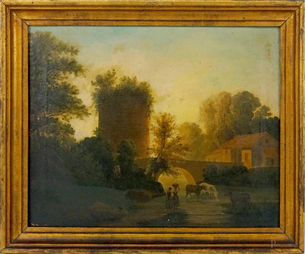 Paesaggio con ponte e figure, olio su tela, cm 32x40, XIX secolo, entro cornice