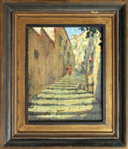 Rafael Borella - La salita del petraio a Napoli, olio su tavola, cm 21 x 17, entro cornice.